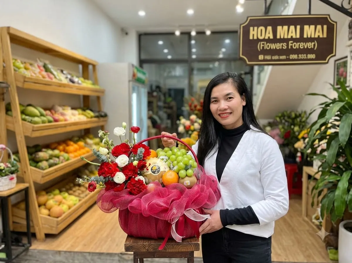 Nhân viên cầm giỏ trái cây bọc lưới đỏ thẫm tại Sơn Trà Đà Nẵng