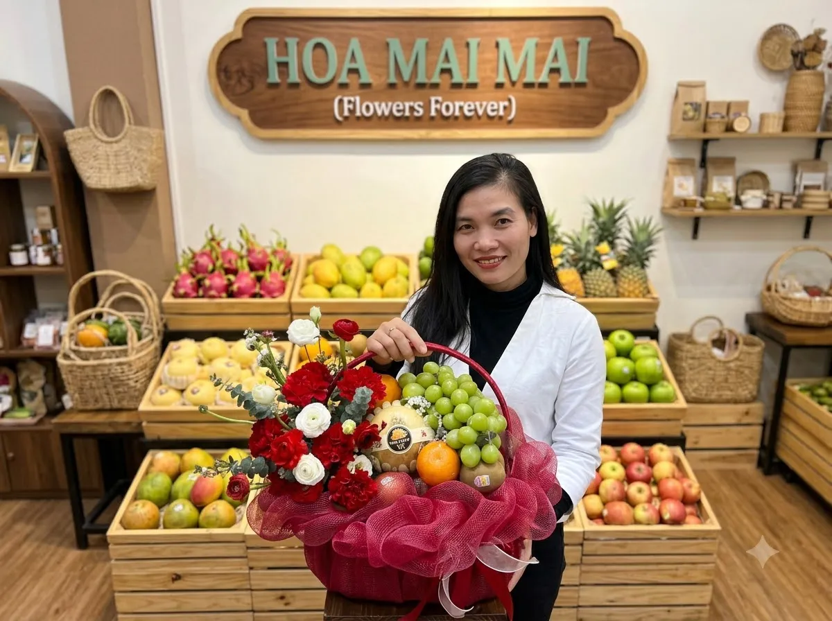 Nhân viên bưng giỏ trái cây bọc lưới đỏ tại Huyện Hậu Lộc, Thanh Hoá