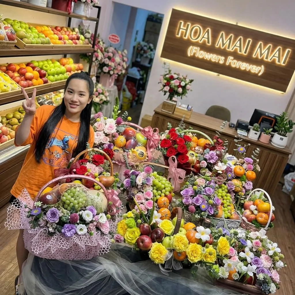 Cô gái tạo dáng bên nhiều giỏ trái cây tại Huyện Hoa Lư, Ninh Bình