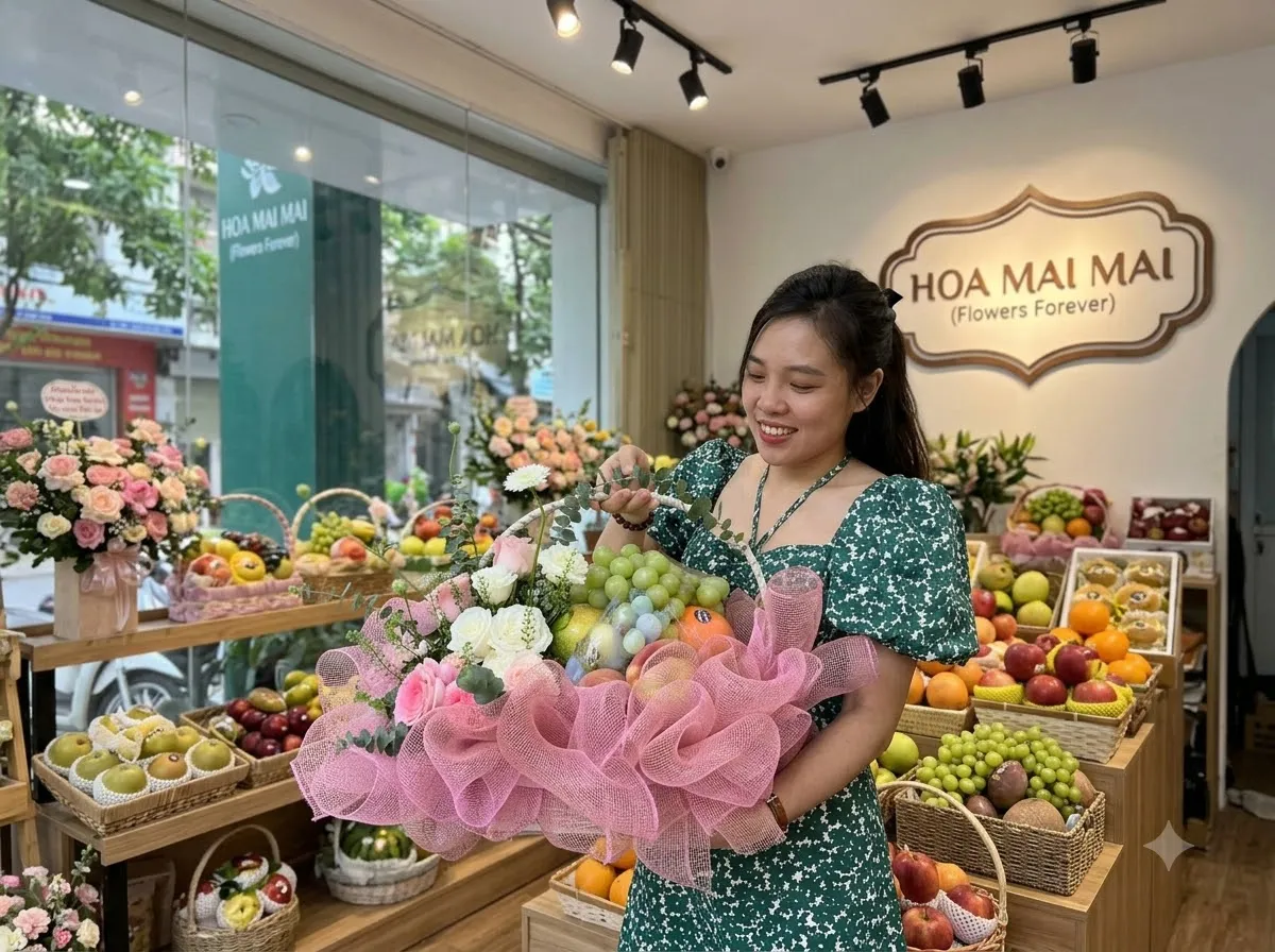 Cô gái váy xanh cầm giỏ trái cây nơ hồng tại Sơn Trà Đà Nẵng