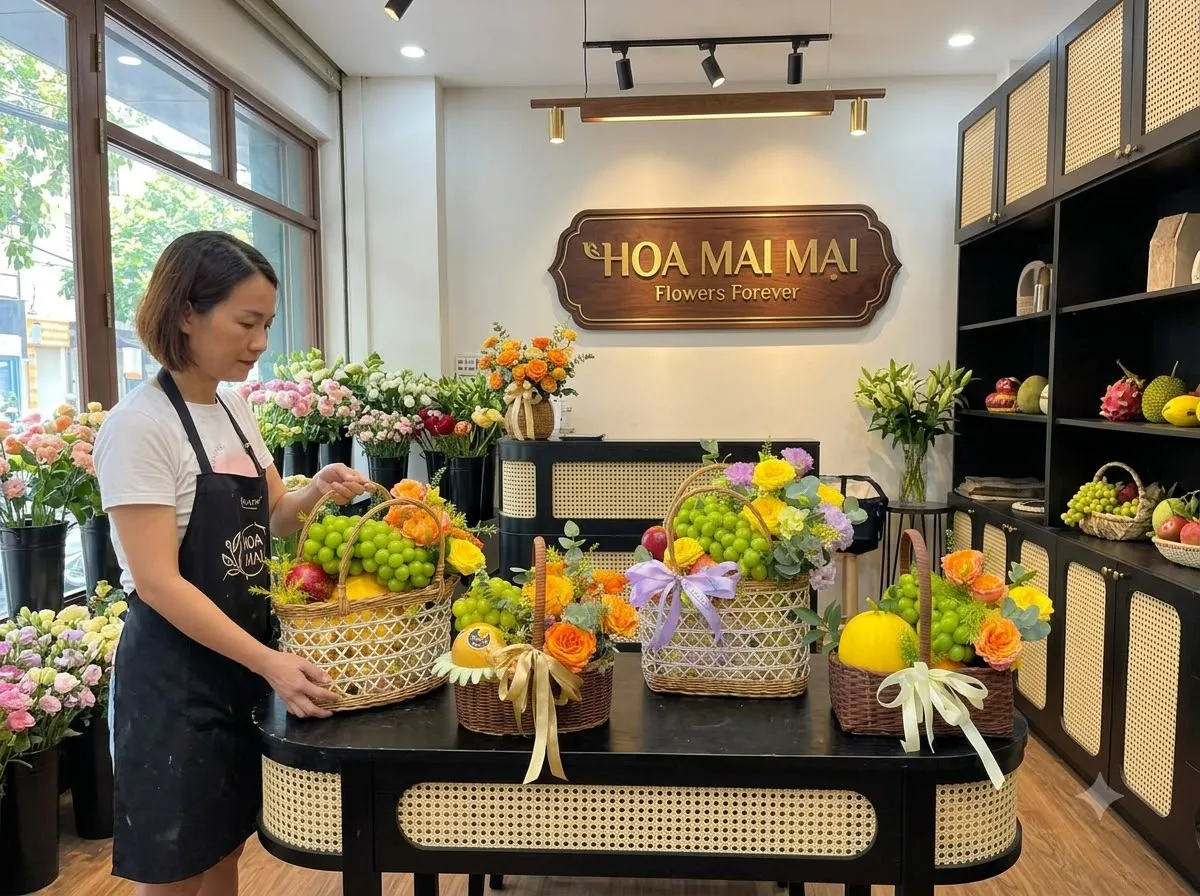 Nhân viên sắp xếp giỏ trái cây nhỏ trên bàn tại Huyện Hậu Lộc, Thanh Hoá