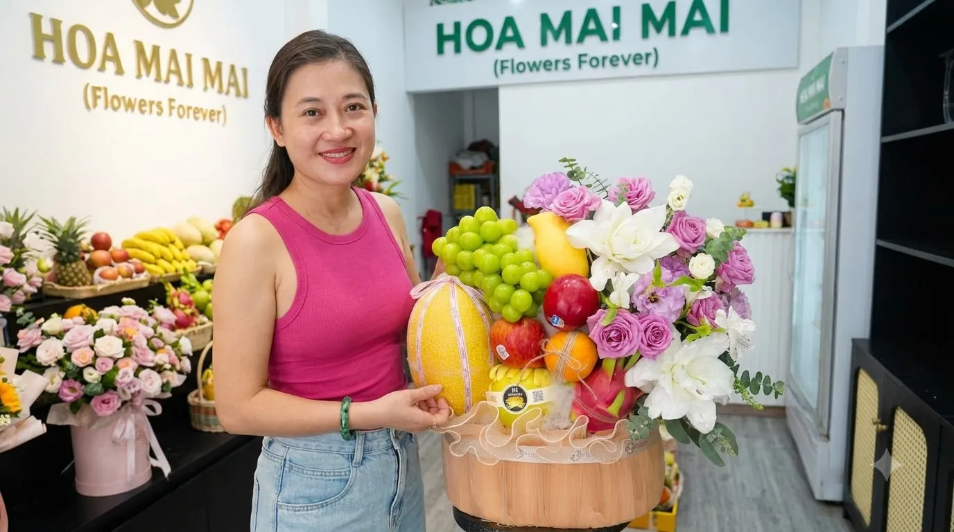 Cô gái áo hồng cầm giỏ trái cây dưa lê tại Huyện Hoa Lư, Ninh Bình