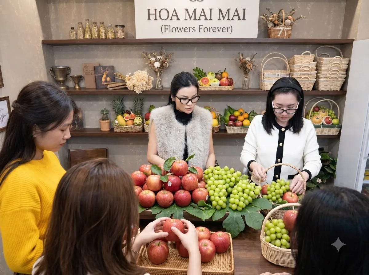 Hai nhân viên xếp táo đỏ và nho xanh tại Cẩm Giàng, Hải Dương