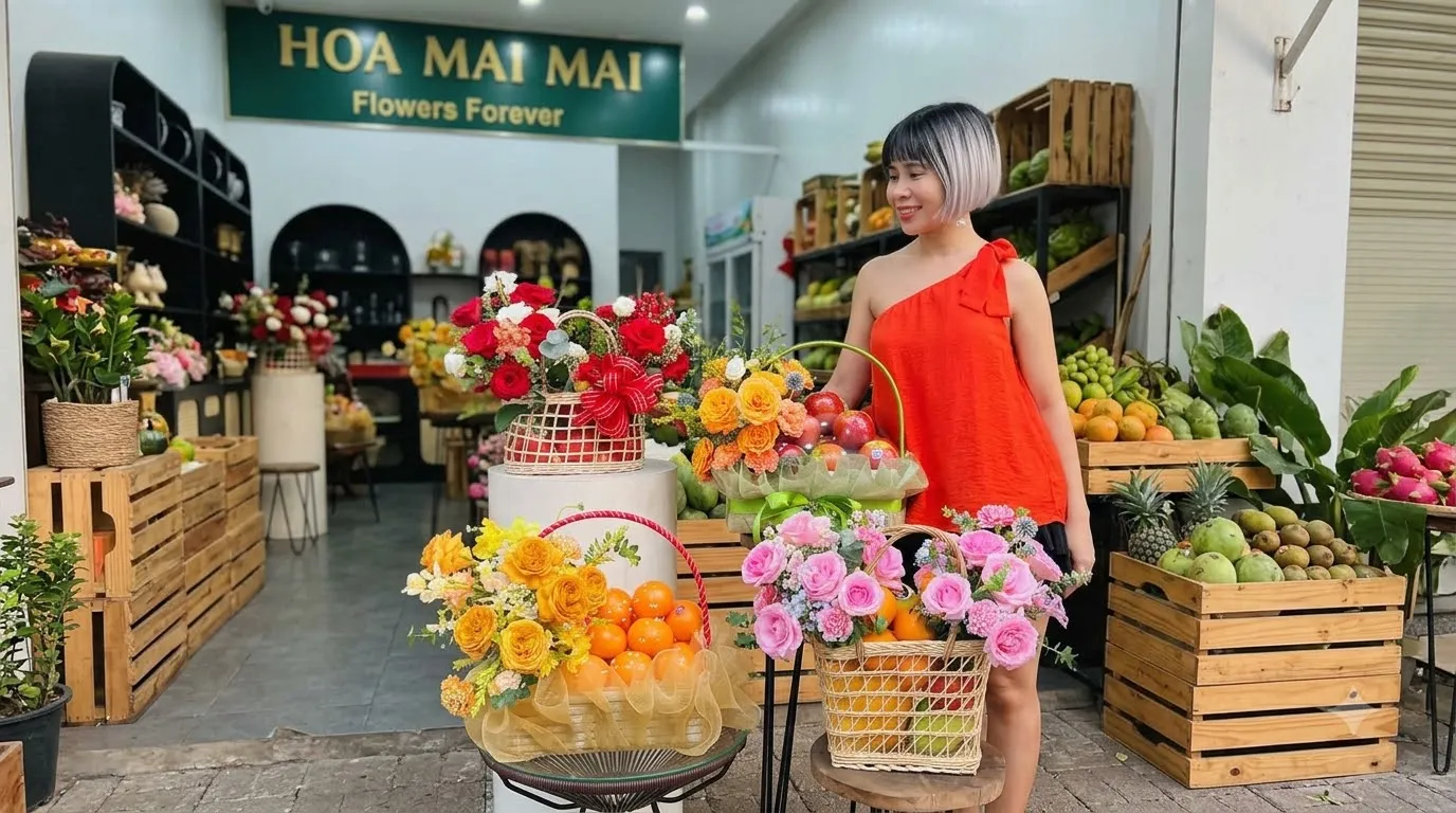 Nhân viên áo cam đứng cạnh giỏ trái cây hoa tại Huyện Hoa Lư, Ninh Bình