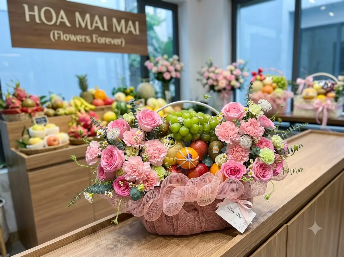 Giỏ trái cây hồng phấn đặt trên quầy gỗ tại Cẩm Giàng, Hải Dương