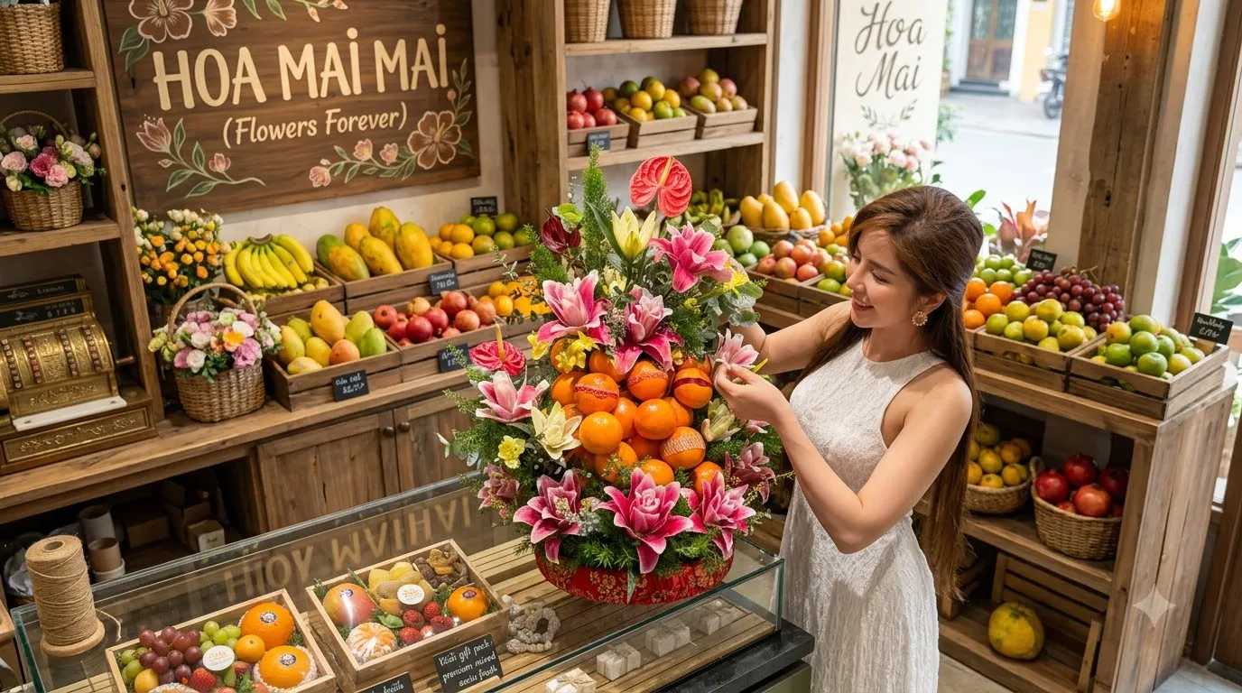 Nhân viên chỉnh giỏ trái cây quýt và hoa ly tại Huyện Hoa Lư, Ninh Bình