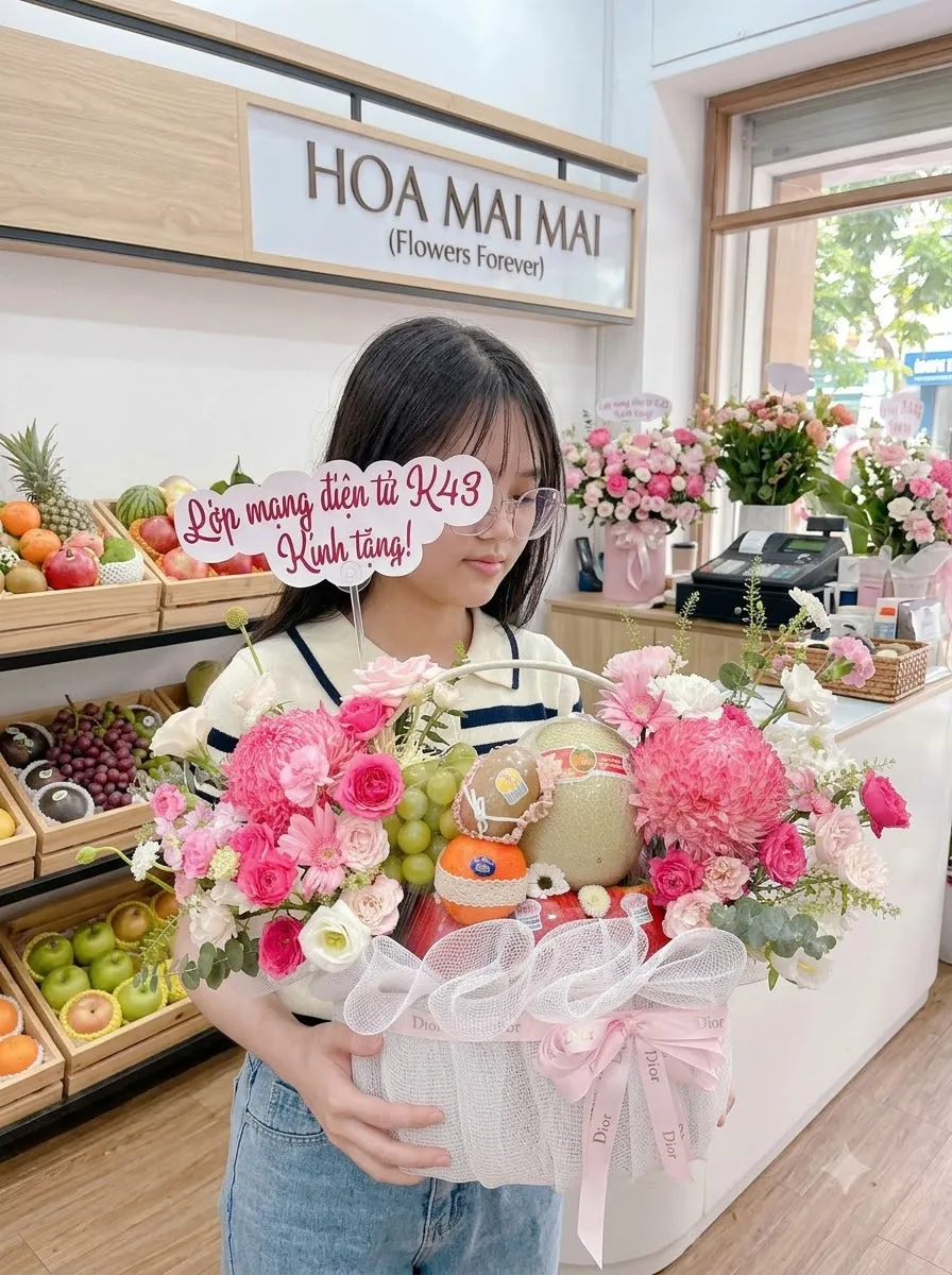 Cô gái ôm hộp quà trái cây có thiệp mừng tại Vĩnh Thuận, Kiên Giang