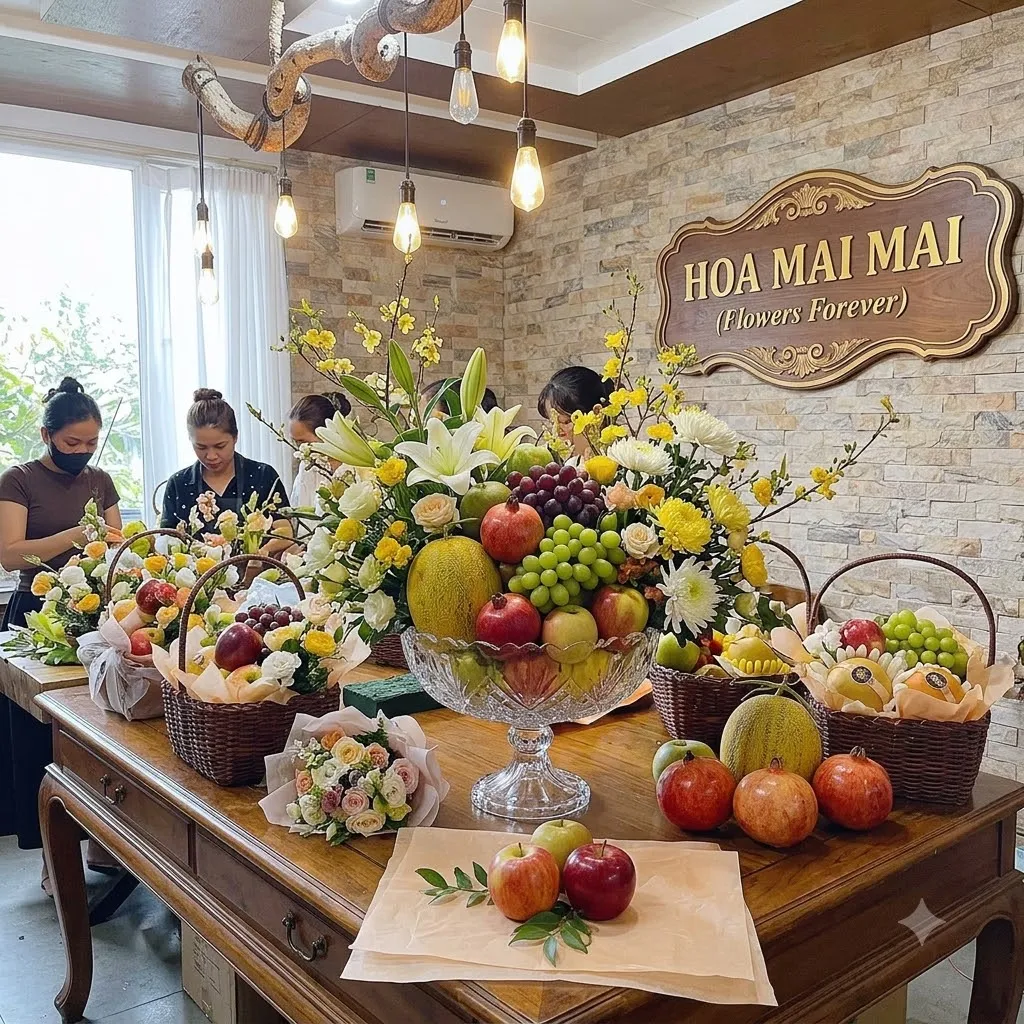 Bàn trưng bày trái cây và hoa giữa cửa hàng tại Huyện Hoa Lư, Ninh Bình