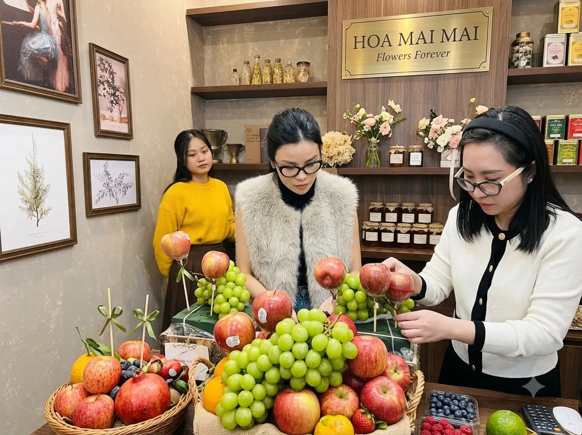 Ba nhân viên xếp táo, nho và dâu tây tại Huyện Mường Ảng, Điện Biên