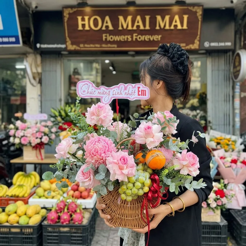 Cô gái ôm giỏ trái cây gắn thiệp chúc mừng tại Huyện Mường Ảng, Điện Biên
