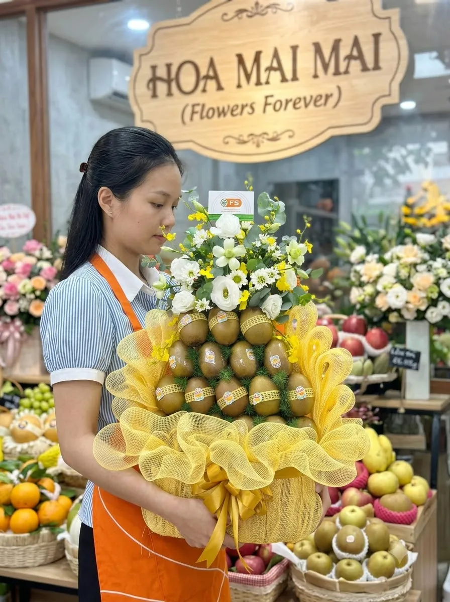 Nhân viên cầm giỏ kiwi bọc lưới vàng tại Thị xã Phổ Yên, Thái Nguyên