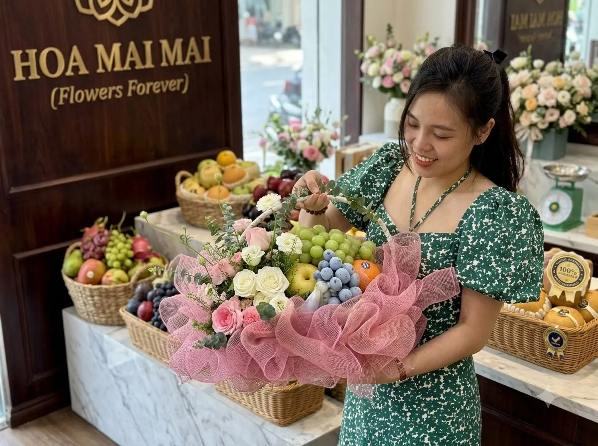 Nhân viên váy xanh cầm giỏ trái cây bọc hồng tại Huyện Văn Lãng, Lạng Sơn
