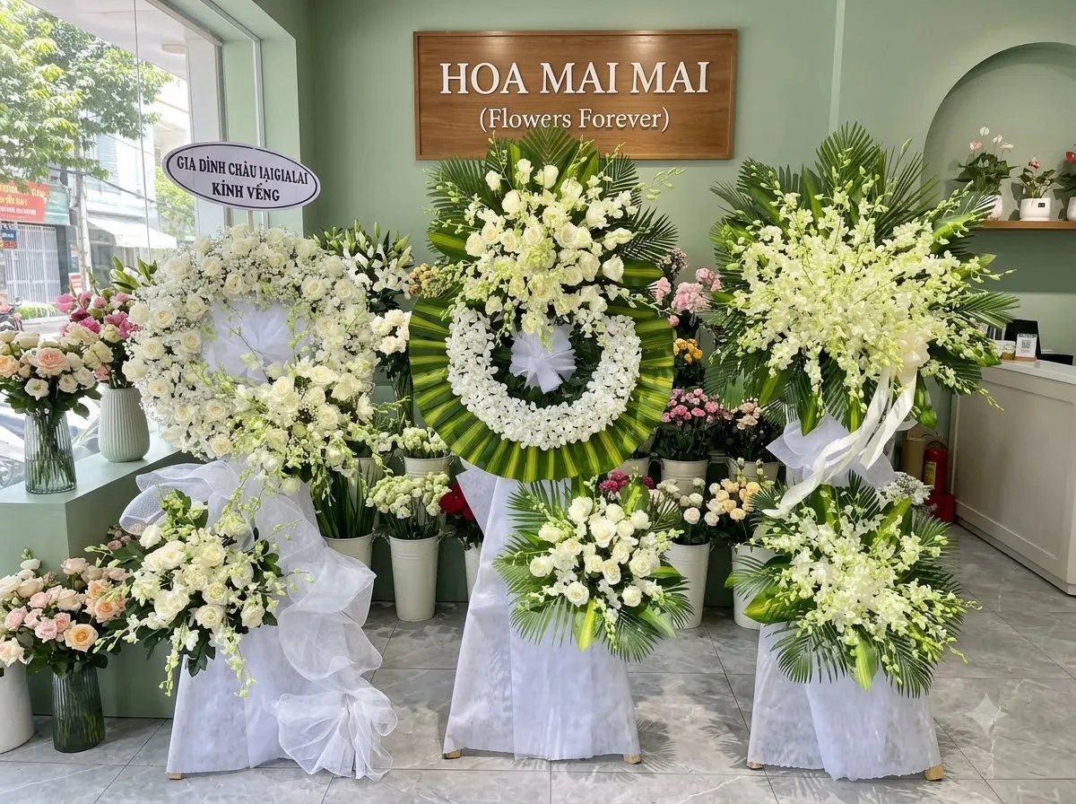 Hoa viếng tang lễ tại Bến Tre - các mẫu hoa tang lễ phối cúc, lan và lay ơn