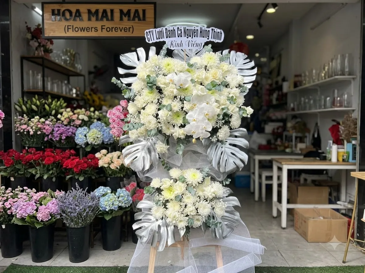 Kệ hoa tang 1 tầng kết cúc, lan và cẩm chướng tại Tuy Hòa, Phú Yên