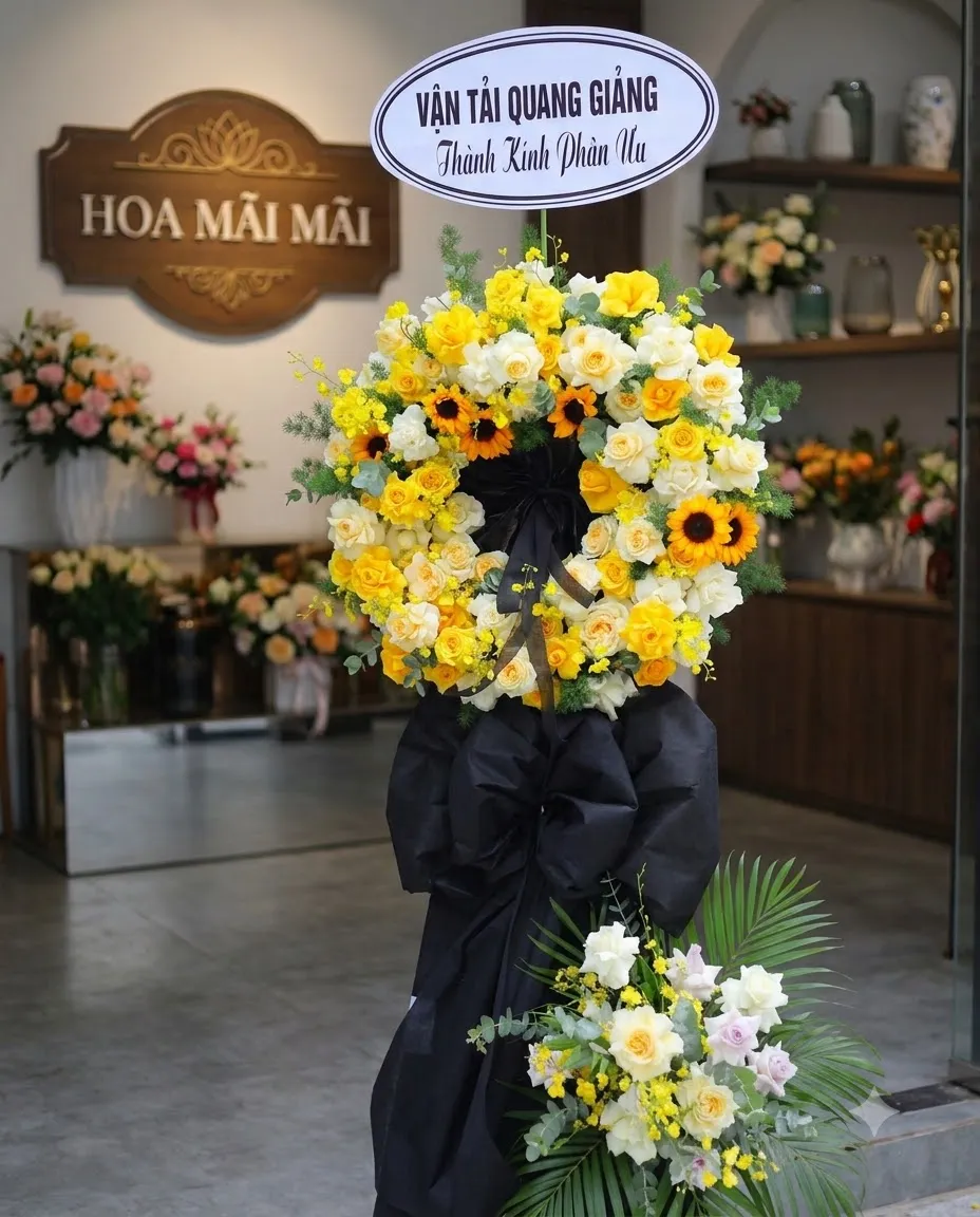 Kệ hoa tang 2 tầng kết hồng vàng, cúc và hướng dương tại Tuy Hòa, Phú Yên