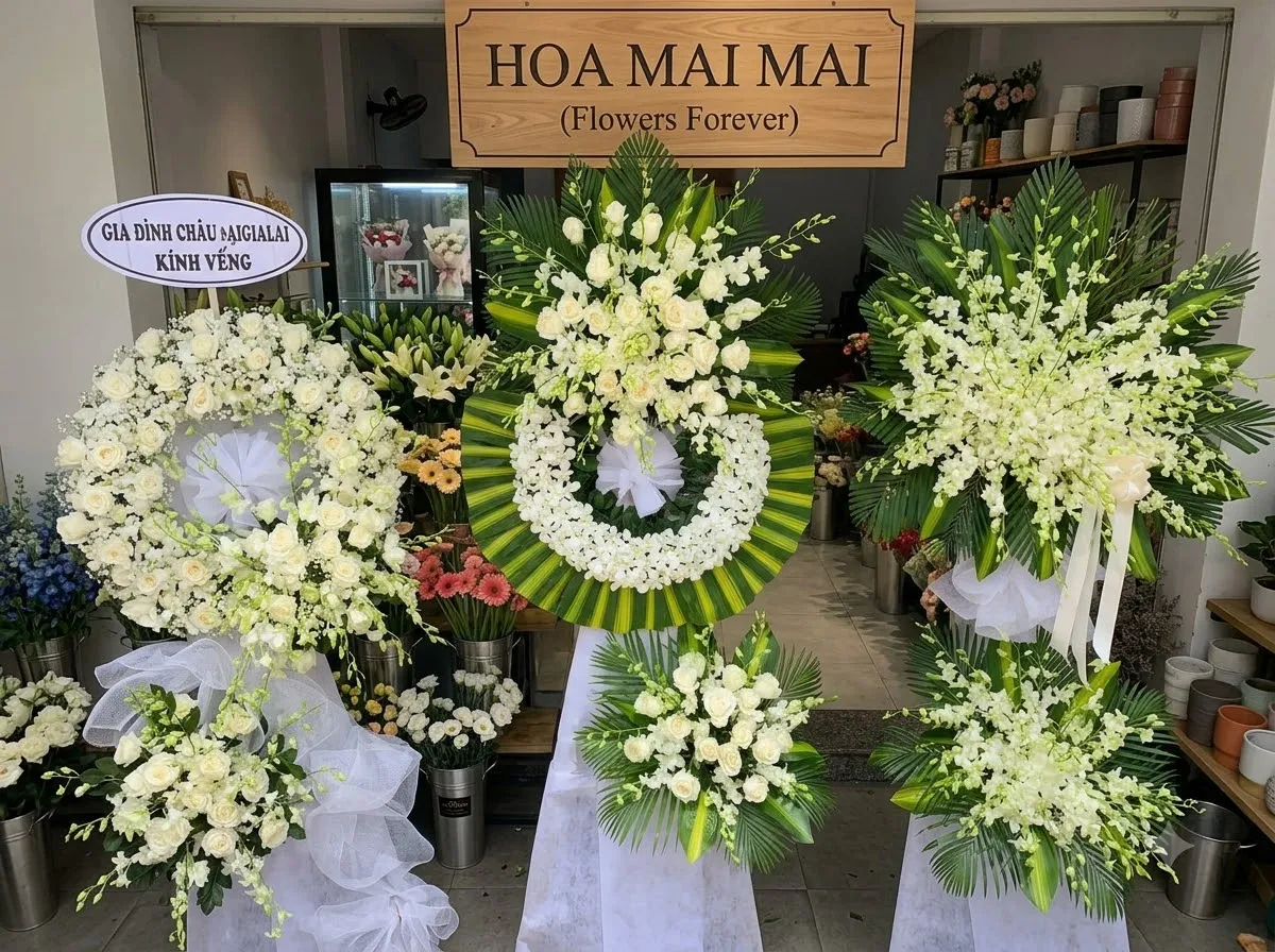 Kệ hoa tang 1 tầng kết lan trắng, cúc và cẩm chướng tại Thái Nguyên