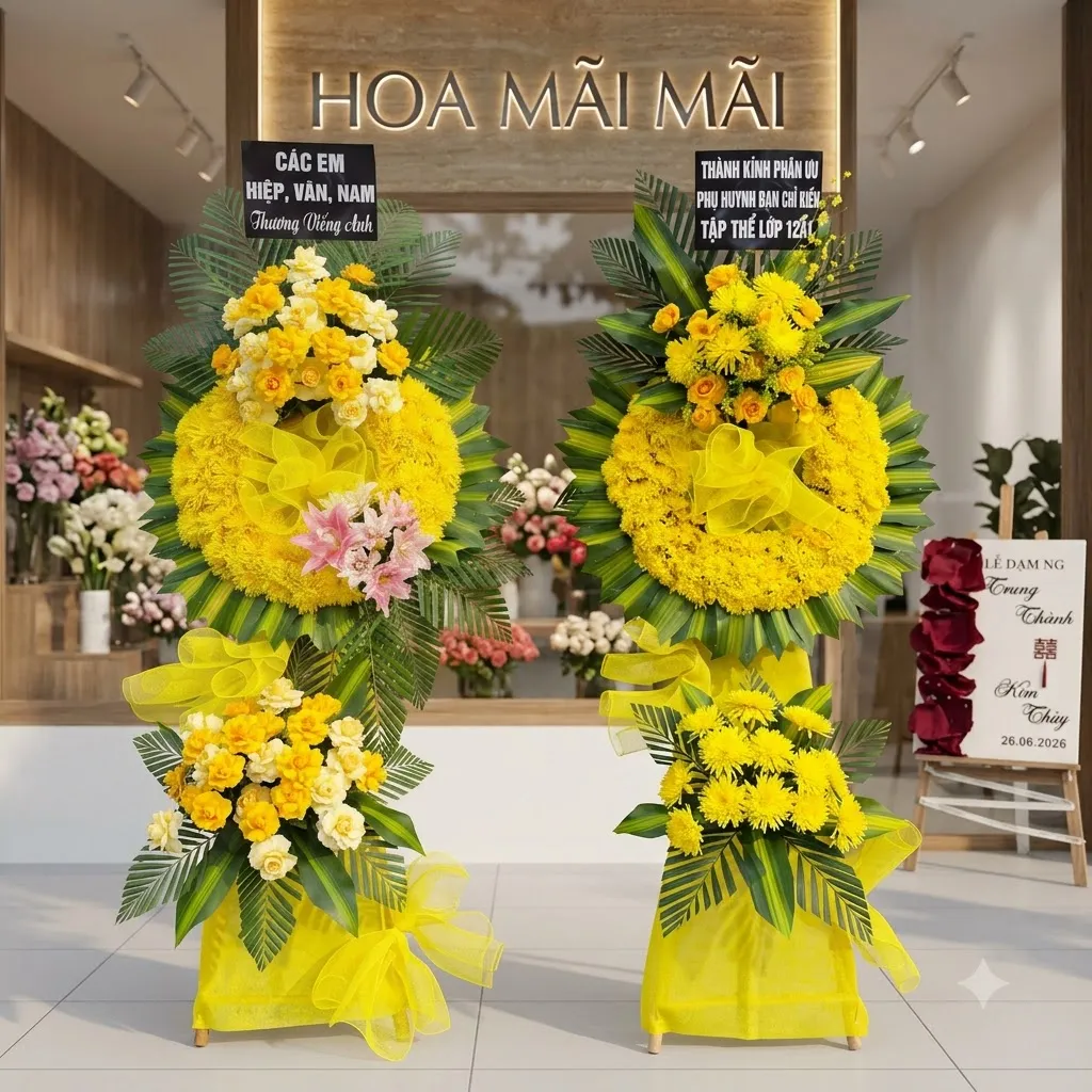 Kệ hoa tang 2 tầng phối cúc vàng, cẩm chướng và lan hồng tại Hải Dương