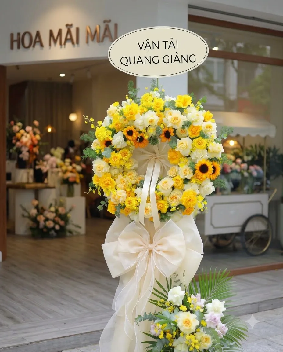 Vòng hoa viếng phối hồng vàng, hướng dương và cúc trắng tại Bến Tre