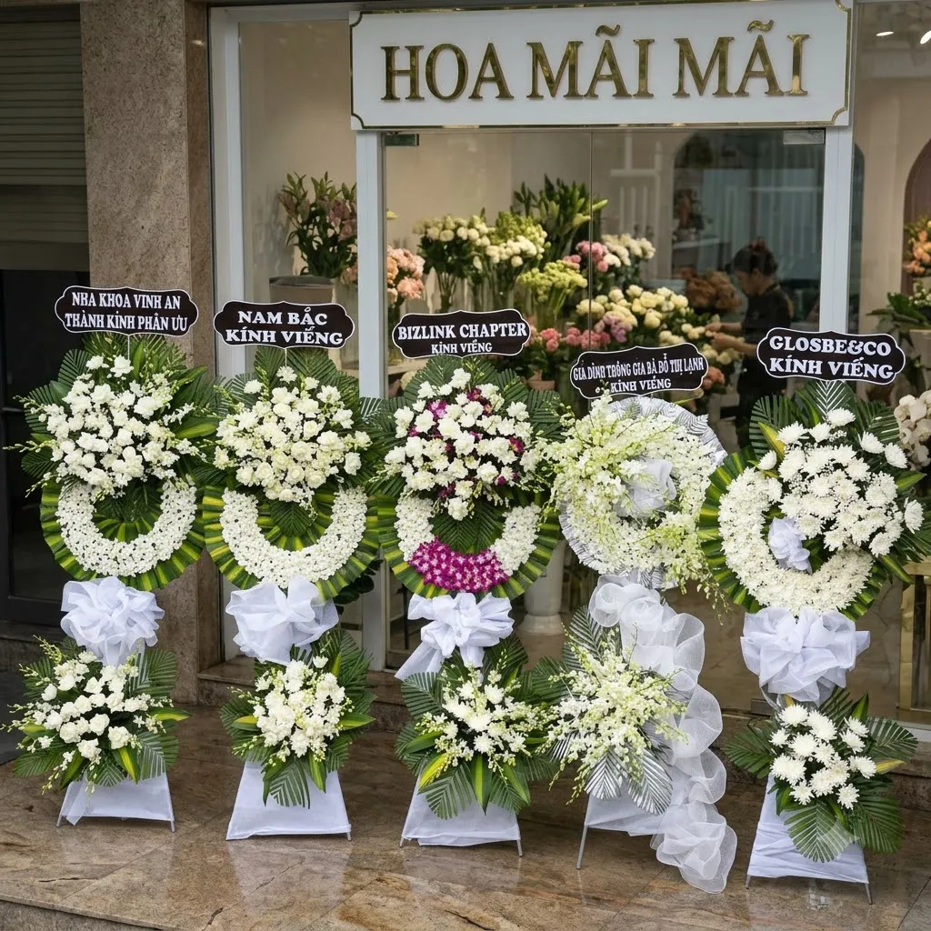 Hoa viếng tang lễ tại Bến Tre - các mẫu hoa tang lễ phối cúc trắng, lan trắng và cát tường