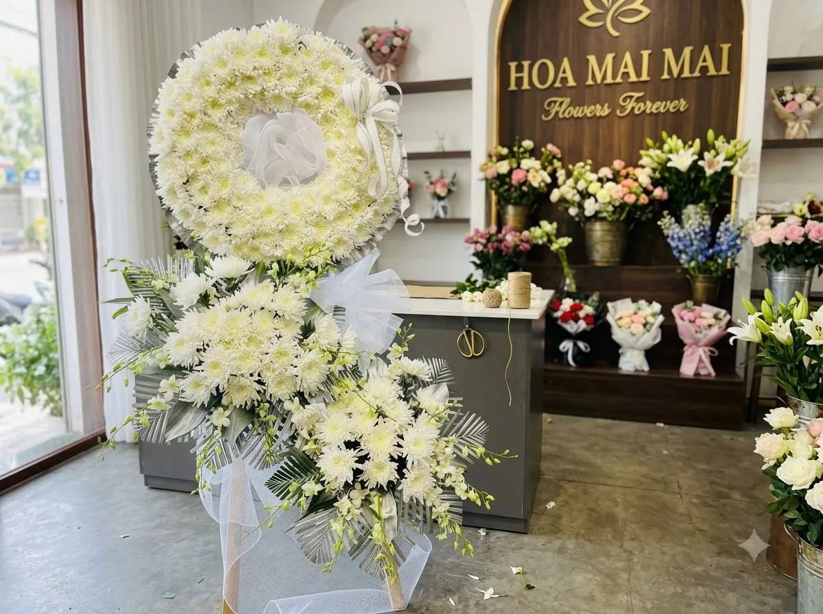 Kệ hoa tang 2 tầng kết cúc đại đóa và lay ơn - hoa viếng đám tang tại Điện Biên