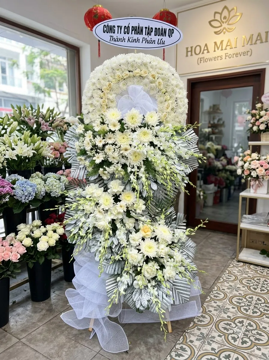 Vòng hoa viếng kết cúc và lan - hoa viếng đám tang tại Điện Biên
