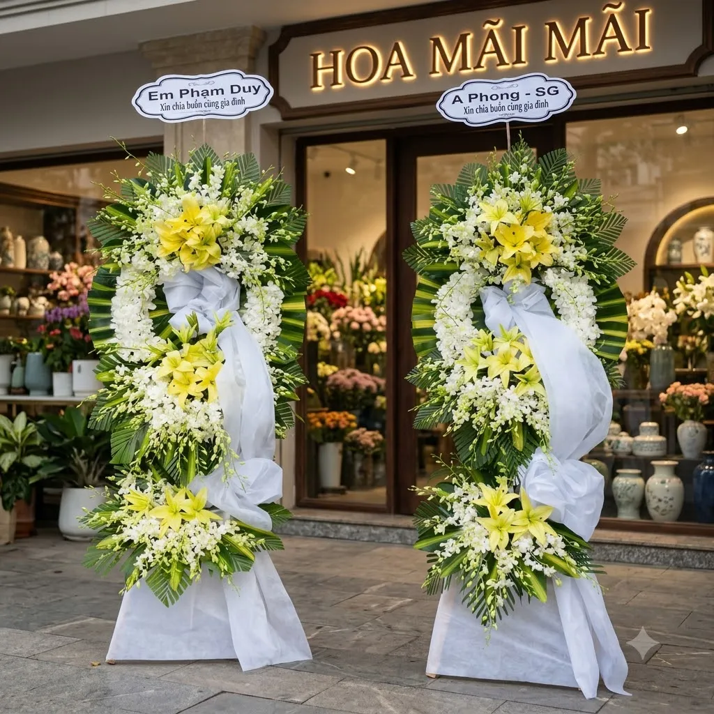 Kệ hoa tang 1 tầng phối ly vàng và lan trắng tại Vĩnh Yên, Vĩnh Phúc