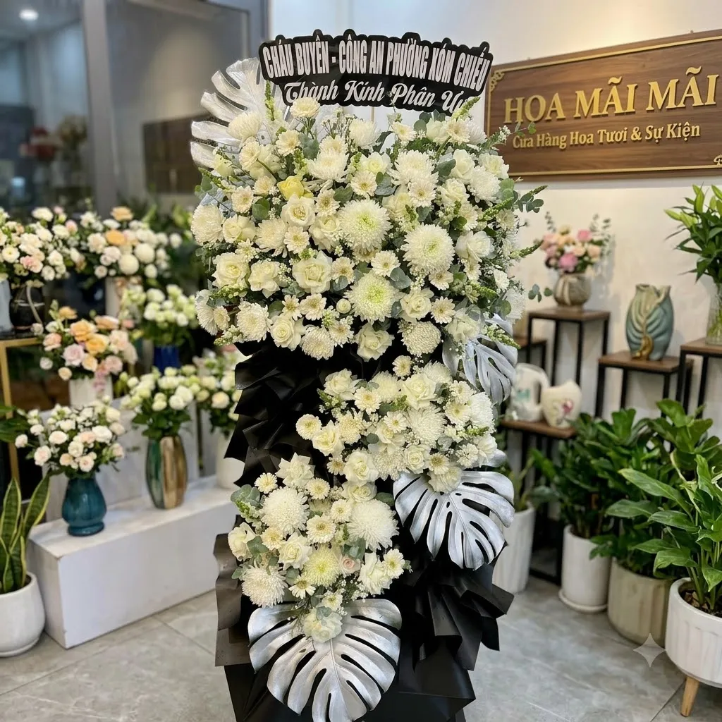 Hoa viếng tang lễ tại Vĩnh Yên, Vĩnh Phúc - kệ hoa tang 2 tầng phối cúc mẫu đơn, cúc trắng và hồng trắng