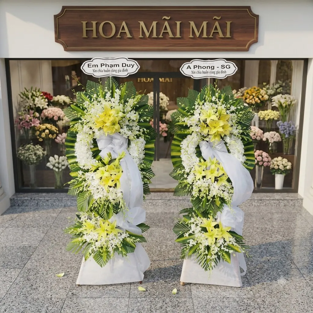 Hoa đám tang tại Hà Nội - kệ hoa tang 1 tầng tông trắng - vàng