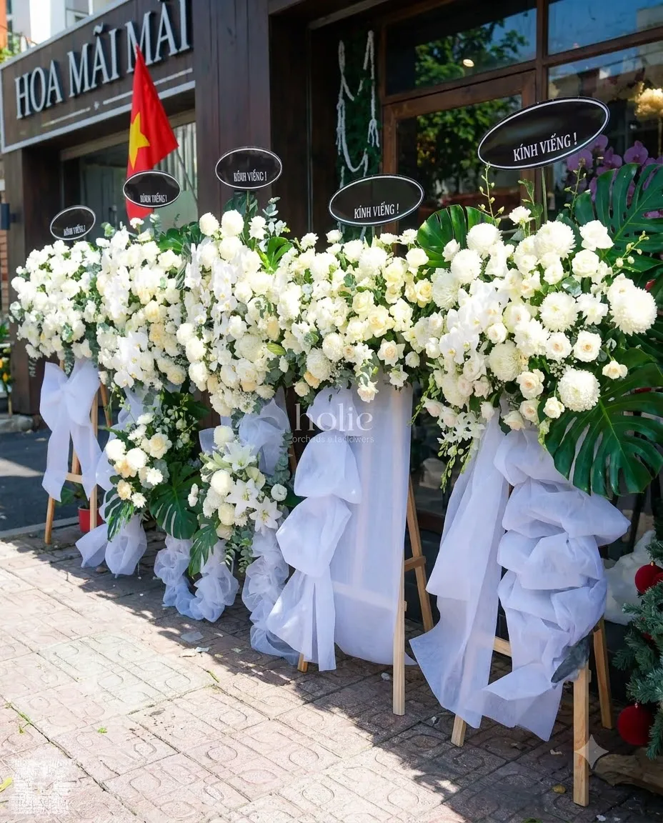 Hoa viếng tang lễ tại Vĩnh Yên, Vĩnh Phúc - các mẫu hoa tang lễ phối cúc trắng, hồng trắng và cát tường