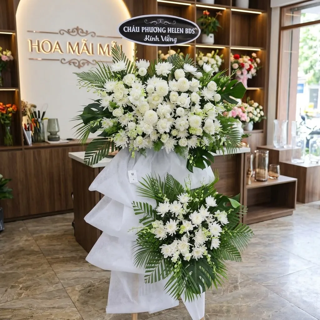 Kệ hoa tang 2 tầng kết cúc mẫu đơn và cẩm chướng tại Hà Nội
