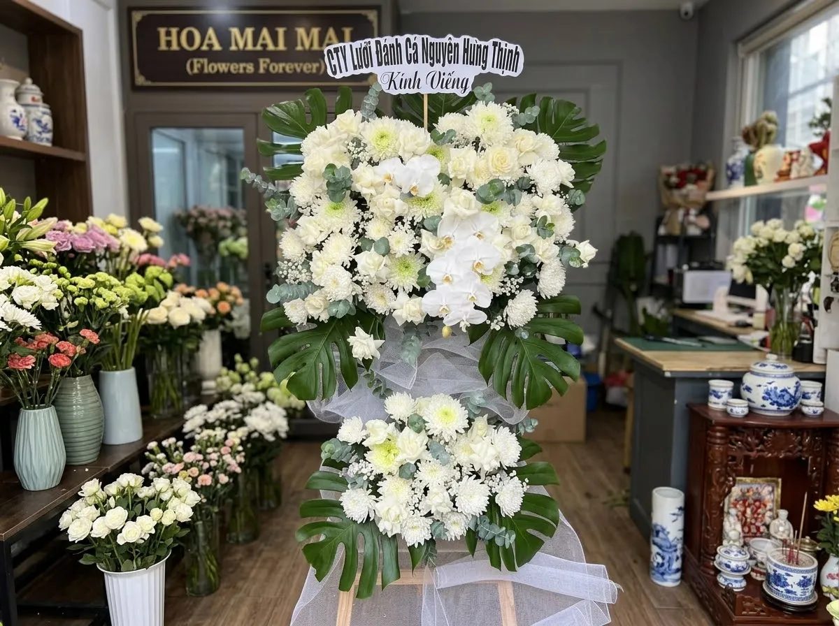 Hoa đám tang tại Tuy Hòa, Phú Yên - kệ hoa tang 2 tầng tông trắng - xanh lá