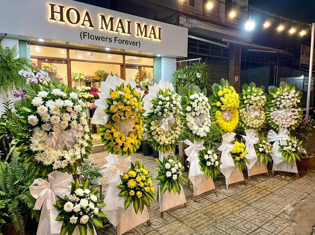 Mẫu hoa viếng tại Lai Châu - các mẫu hoa tang lễ tông trắng - vàng