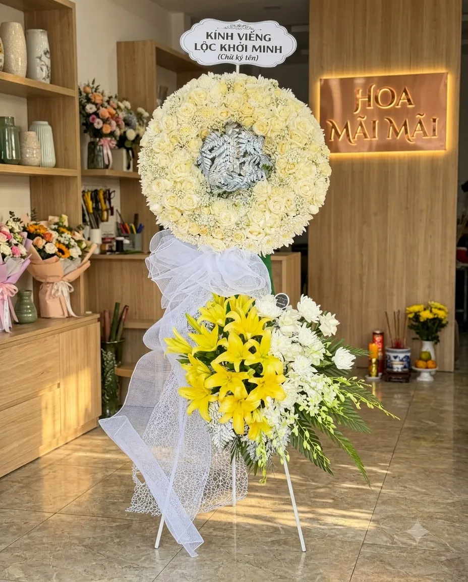 Kệ hoa tang 2 tầng kết cúc, hồng trắng và ly vàng - hoa viếng đám tang tại Bình Phước