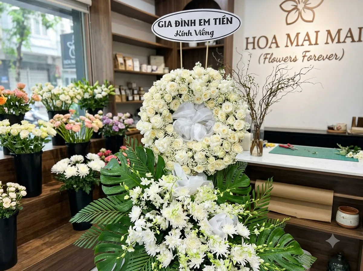 Vòng hoa viếng phối hồng trắng, cúc và lan tại Bến Tre