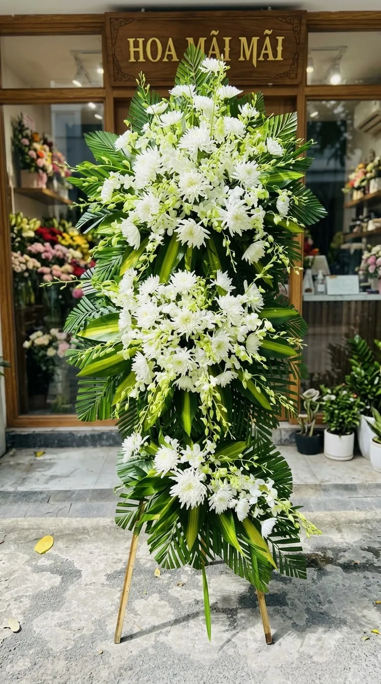 Màu sắc: trắng thanh khiết. Dịp tặng: lễ viếng, lễ tang, lễ nhập quan, tiễn biệt, chia buồn. Loại sản phẩm: Hoa chia buồn / hoa tang lễ.

Hoa Đám Tang - HCB 122 được Hoa Mãi Mãi giới thiệu như một mẫu kệ hoa phúng điếu tinh tế, gói trọn sự trang nghiêm và lòng thành kính, thích hợp cho lễ nhập quan, lễ viếng và lễ di quan.

Gam màu trắng thanh khiết được lựa chọn làm điểm nhấn xuyên suốt, giúp sản phẩm vừa giữ được nét trang trọng cần thiết của một sản phẩm hoa tang lễ, vừa không quá u ám, nặng nề.

Sản phẩm nổi bật với cúc đại đóa trắng và lan vũ nữ trắng vàng nhạt làm trung tâm, xen kẽ lá cau xanh mướt tạo nên bố cục hài hòa, không quá cầu kỳ nhưng vẫn toát lên sự chỉn chu trong từng chi tiết nhỏ.

Kích thước tiêu chuẩn của mẫu này cao khoảng 2,1 – 2,4m, đường kính phần hoa chính 90 – 110cm, đảm bảo sự cân đối khi trưng bày; quý khách có thể yêu cầu làm to hơn hoặc nhỏ hơn tùy theo không gian tổ chức tang lễ.

Thông điệp gửi viếng: đi kèm bảng tên trang trọng thể hiện rõ mối quan hệ và lời tiễn biệt, nội dung có thể là "Kính viếng", "Thành kính phân ưu" hoặc lời nhắn riêng do quý khách cung cấp.

Tùy biến mẫu theo yêu cầu: Với nhiều năm kinh nghiệm trong lĩnh vực hoa tang lễ, Hoa Mãi Mãi có thể điều chỉnh linh hoạt mẫu hoa theo yêu cầu riêng của từng gia đình, cam kết giao hoa tận nơi, đúng giờ và luôn giữ được độ tươi mới.