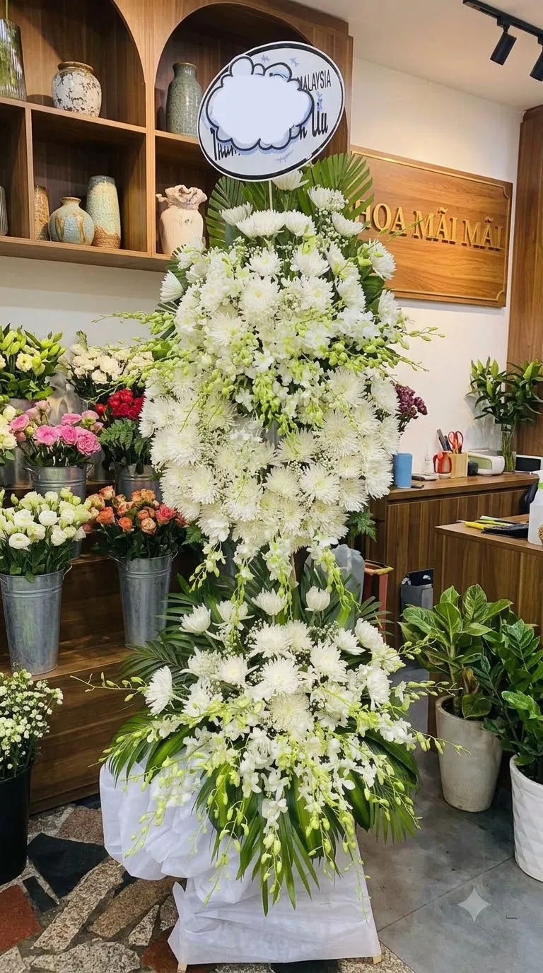 Màu sắc: cam đỏ. Dịp tặng: lễ viếng, lễ tang, lễ nhập quan, tiễn biệt, chia buồn. Loại sản phẩm: Hoa chia buồn / hoa tang lễ.

Lẵng Hoa Chia Buồn - HCB.31 thuộc dòng kệ hoa phúng viếng được Hoa Mãi Mãi thiết kế trang nghiêm, thường được các gia đình lựa chọn cho nghi lễ tang gia, lễ nhập quan và những giờ phút tiễn biệt đầy xúc động.

Về màu sắc, mẫu hoa này sử dụng tone trắng thanh nhã làm chủ đạo, tạo cảm giác nhẹ nhàng, thành kính, đồng thời thể hiện tấm lòng trân trọng dành cho người đã khuất.

Cúc trắng và lan mokara trắng được bố trí làm điểm nhấn chính, phối cùng lá cau xanh theo tỷ lệ cân đối, mang lại vẻ ngoài trang nhã, phù hợp với tính chất trang nghiêm của một sản phẩm phúng viếng.

Kích thước hoàn thiện cao khoảng 1,8 – 2,0m, đường kính phần hoa chính 70 – 90cm, được tính toán để đảm bảo tỷ lệ cân xứng giữa phần khung/đế và phần hoa; có thể gia giảm kích cỡ theo không gian thực tế của tang lễ.

Thông điệp gửi viếng: đi kèm bảng chữ chia buồn trang nghiêm, có thể ghi "Thành kính phân ưu", "Vô cùng thương tiếc" hay lời tiễn biệt riêng theo mong muốn của người gửi.

Tùy biến mẫu theo yêu cầu: Hoa Mãi Mãi nhận đặt hoa theo yêu cầu riêng về màu sắc, chất liệu hoa và kích thước, đảm bảo mỗi sản phẩm đều được thực hiện tỉ mỉ, giao đến tận nơi nhanh chóng và đúng thời gian tổ chức lễ tang.