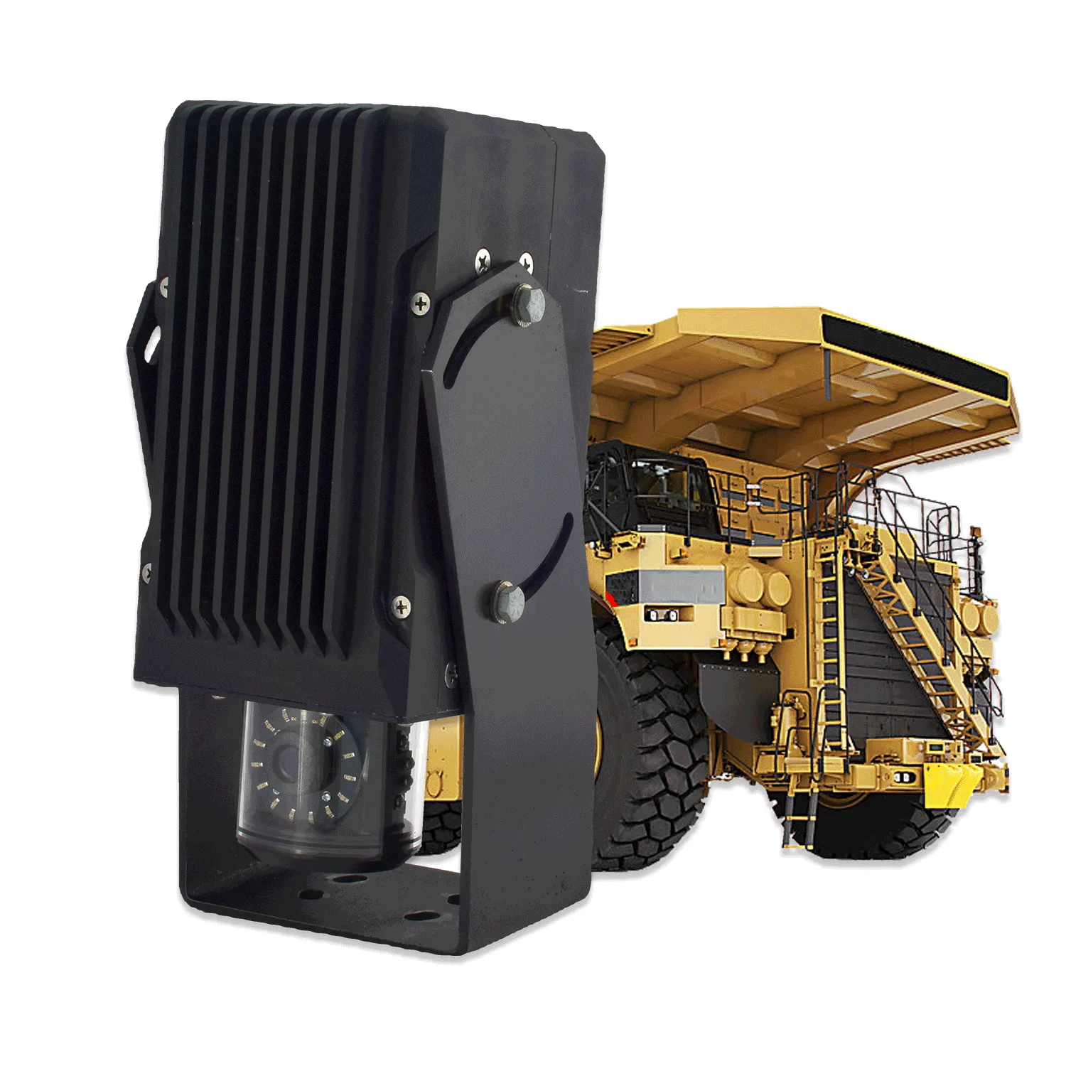Black ToughEye camera in front of a large yellow mining vehicle