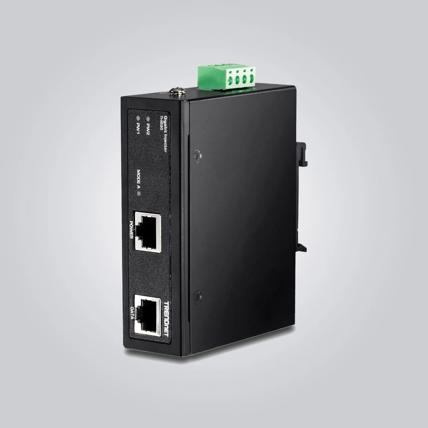 Industrial PoE+ injector with DIN-rail mount, 48 to 56 VDC input