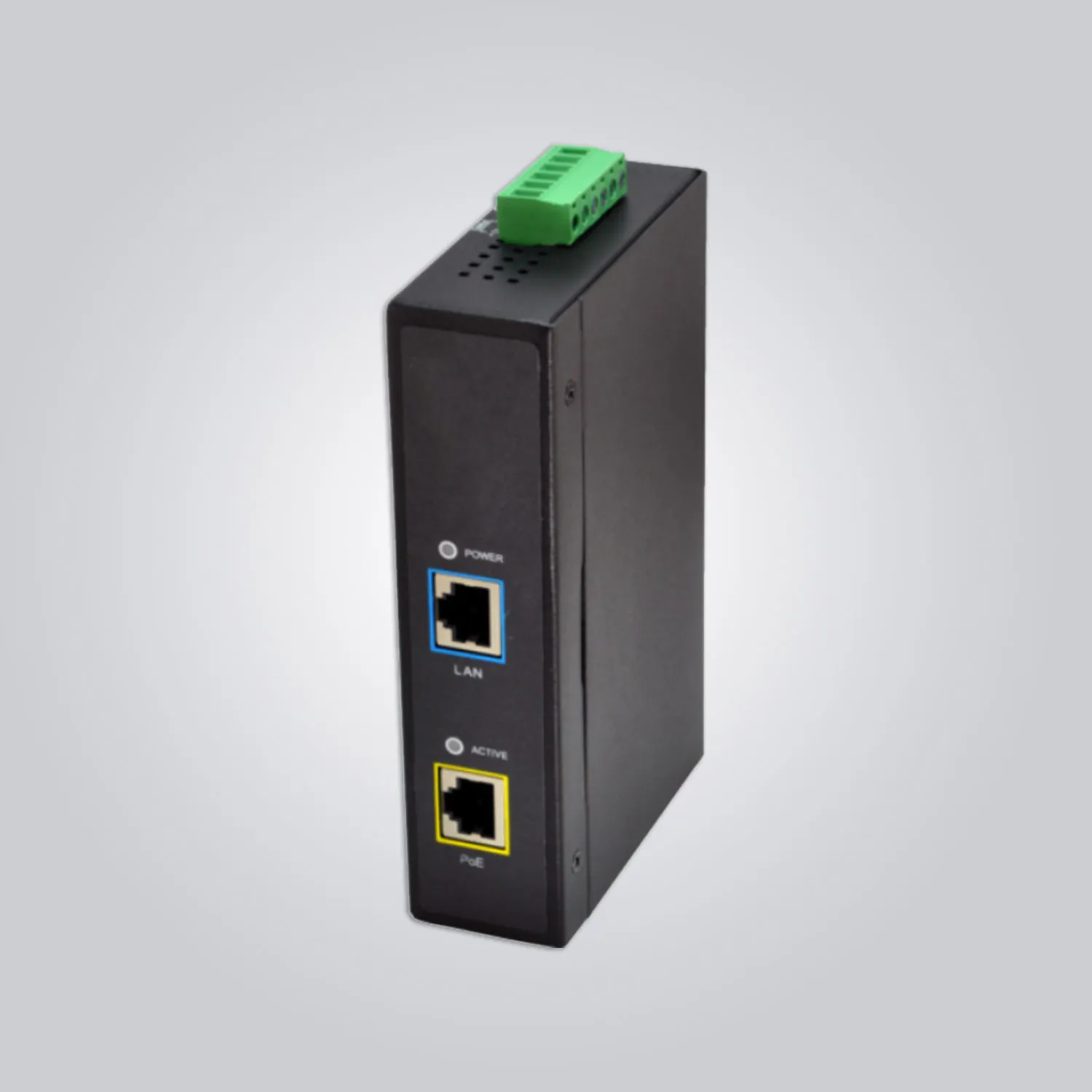 Industrial PoE+ injector with DIN-rail mount, 10 to 30 VDC input