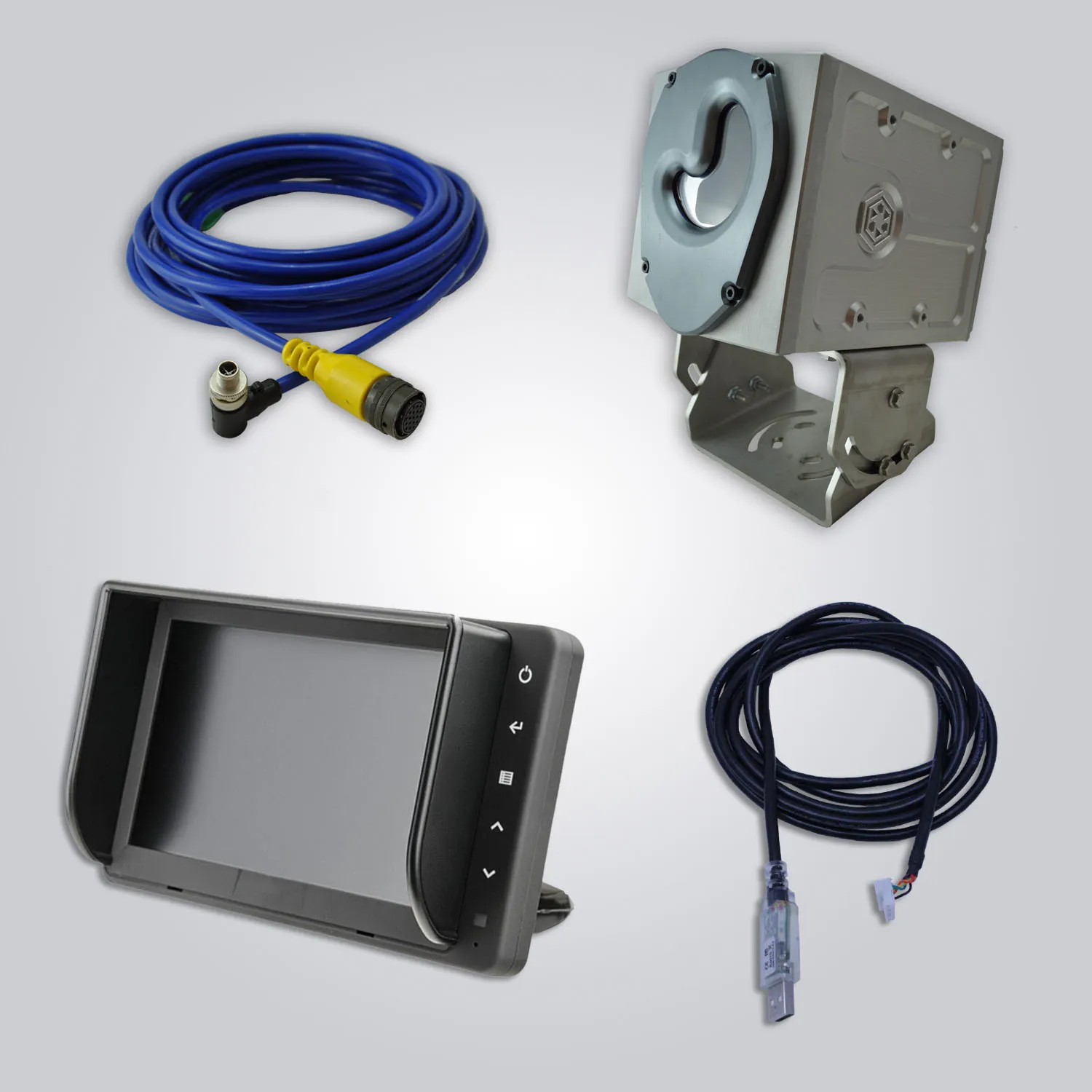 Four electronic accessories: coiled blue cable, metal device mount, black touchscreen, and USB cable.