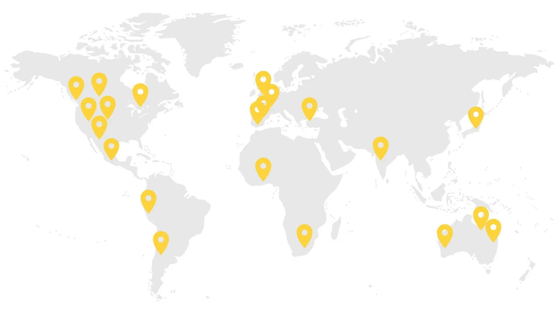 Greyscale world map with yellow pins showing ExcelSense distributor locations