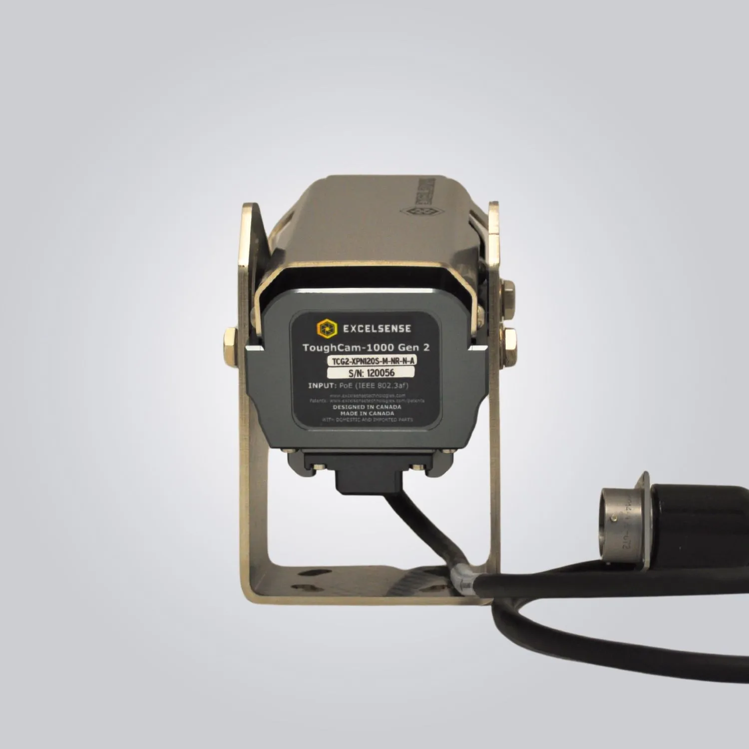 ToughCam-1000 Gen II rugged industrial camera on a light grey background - rear view including cable