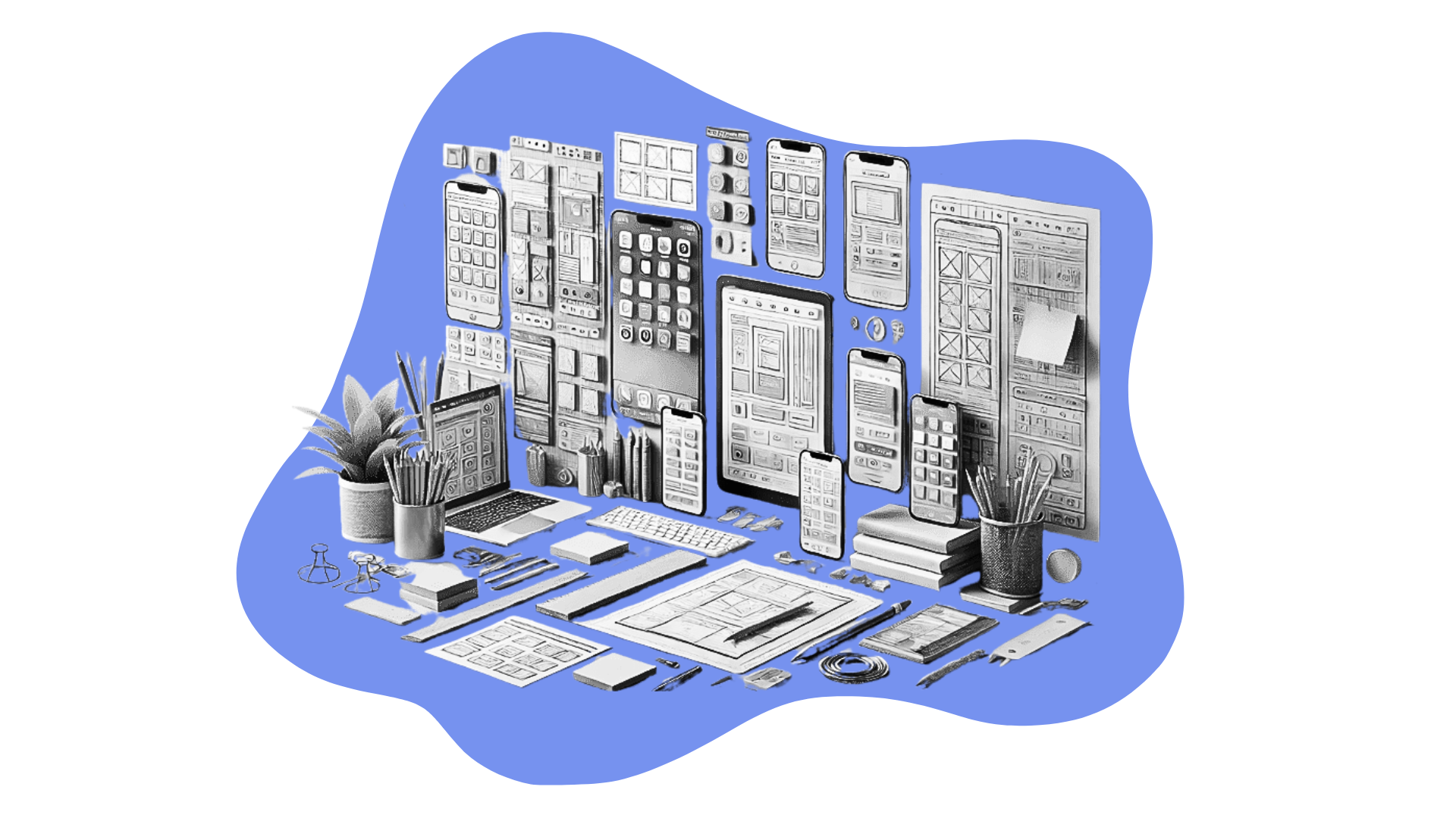 Makieta Aplikacji w stylu Makieta Figma – szczegółowa Makieta UX i Makieta UX/UI na smartfonach, tabletach i laptopie, otoczonych szkicami i narzędziami biurowymi, w kontekście UX Design i UX/UI Design.