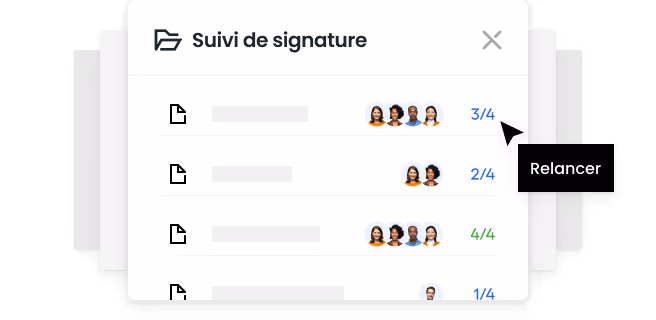 Interface de suivi de signature montrant une liste de documents avec images de profil des signataires et un statut de signatures complété ou partiel.