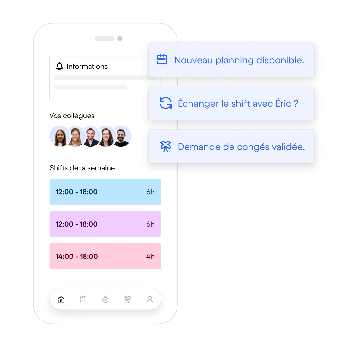 Interface d'application mobile montrant des notifications de planning, un échange de shift avec Éric, une demande de congés validée, les photos de collègues et les horaires de shifts de la semaine.