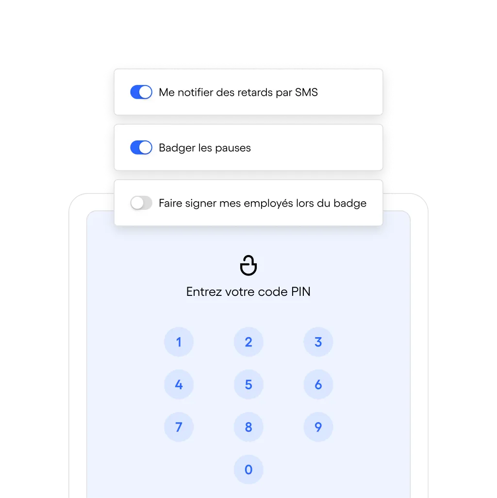Interface d'entrée de code PIN avec options de notifications SMS activées, pause pointage activée, et signature des employés lors du badge désactivée.