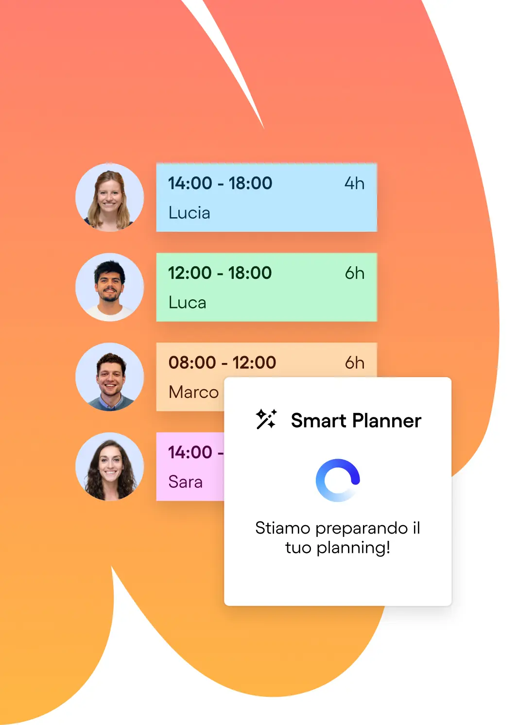 Interface de planification avec photos et horaires de quatre personnes, et notification "Smart Planner" indiquant la préparation du planning.