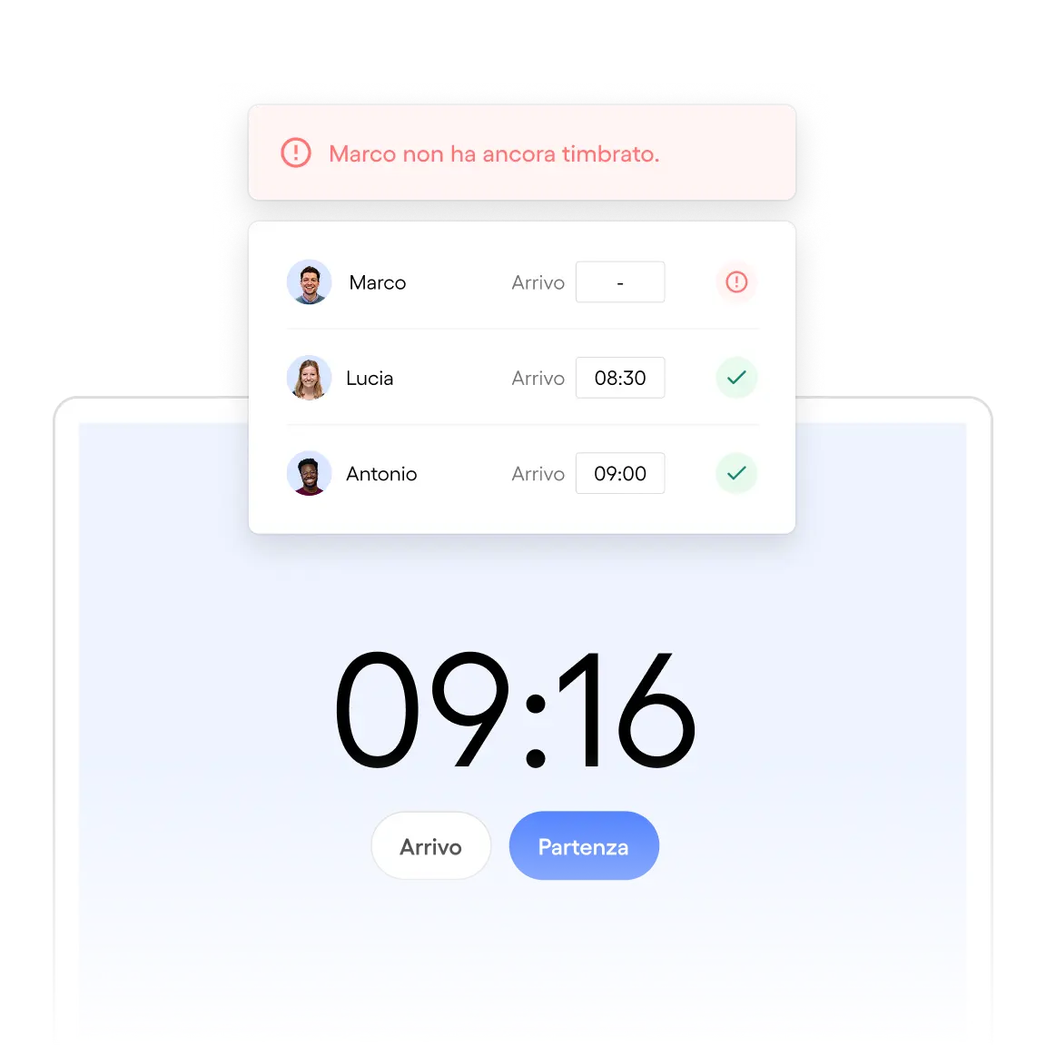 Interface de pointage affichant une alerte indiquant que Marco n'a pas encore pointé, avec les horaires d'arrivée de Lucia et Antonio, et l'heure actuelle 09:16 avec les boutons Arrivée et Départ.