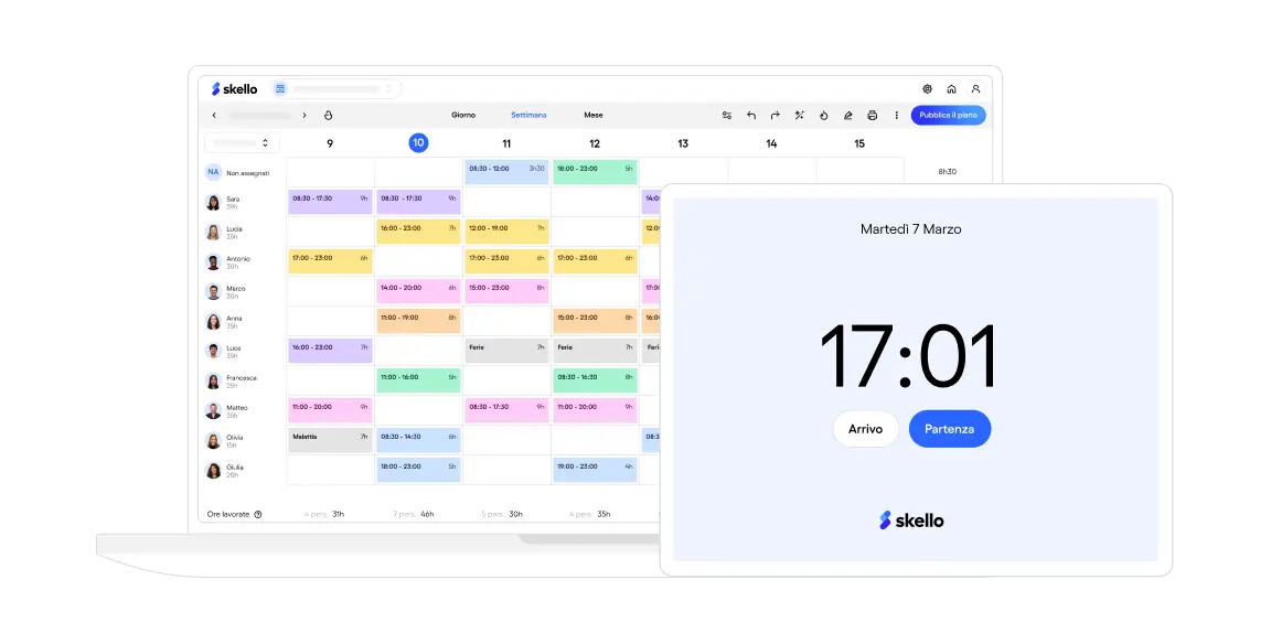 Interface Skello affichant un calendrier hebdomadaire coloré de planning de travail et un écran de pointage avec heure 17:01, bouton Arrivée et Départ.
