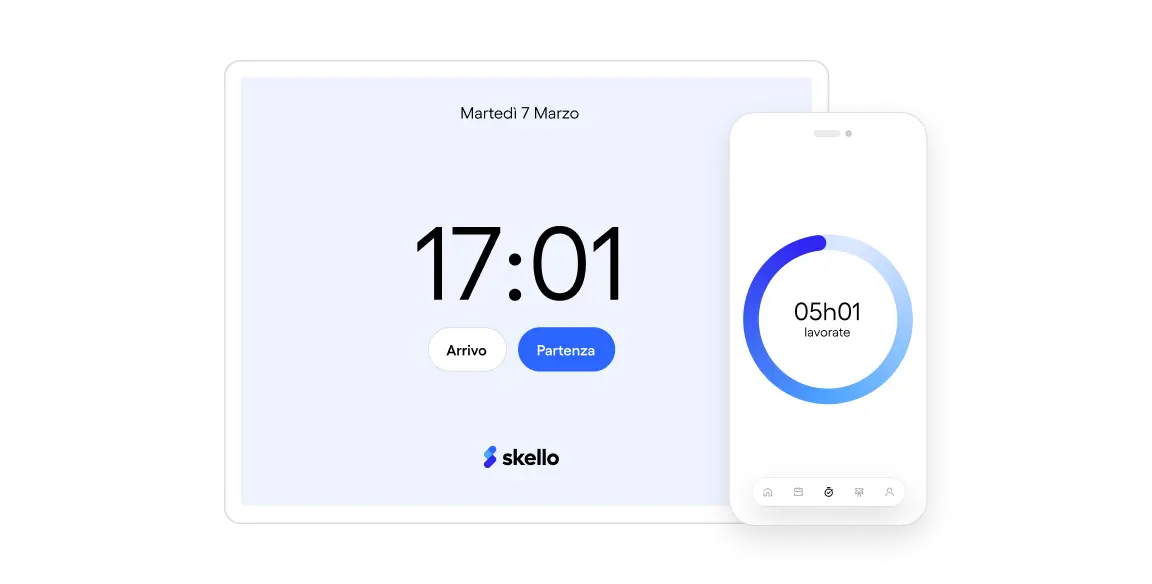 Interface d'horloge de pointage digitale avec l'heure affichée à 17h01 et un cercle graphique montrant 5h01 travaillées sur un smartphone.